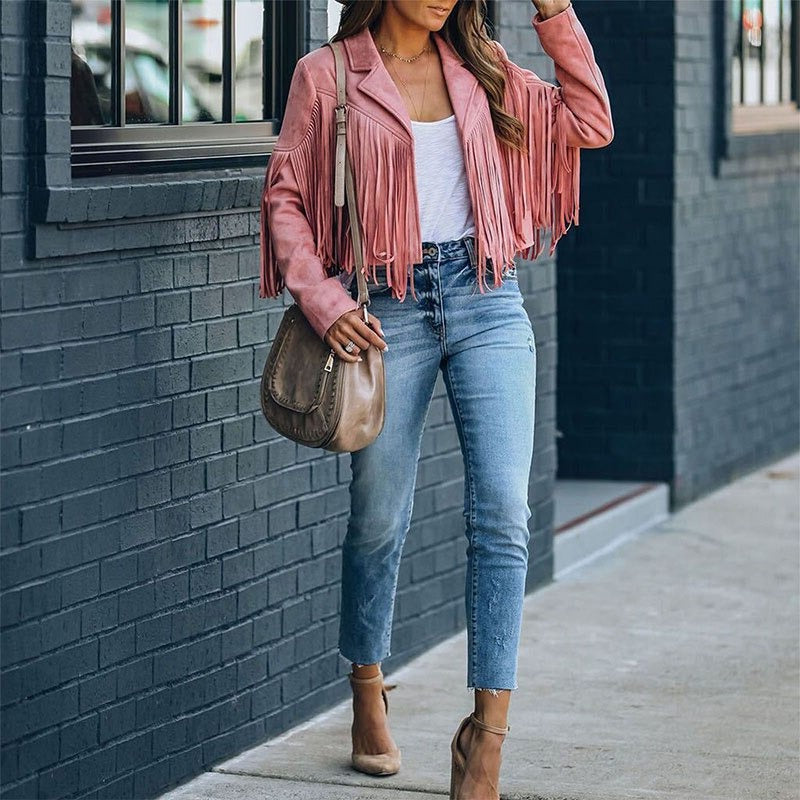 Adriana® | Biker style suede jacket with cowboy fringes
