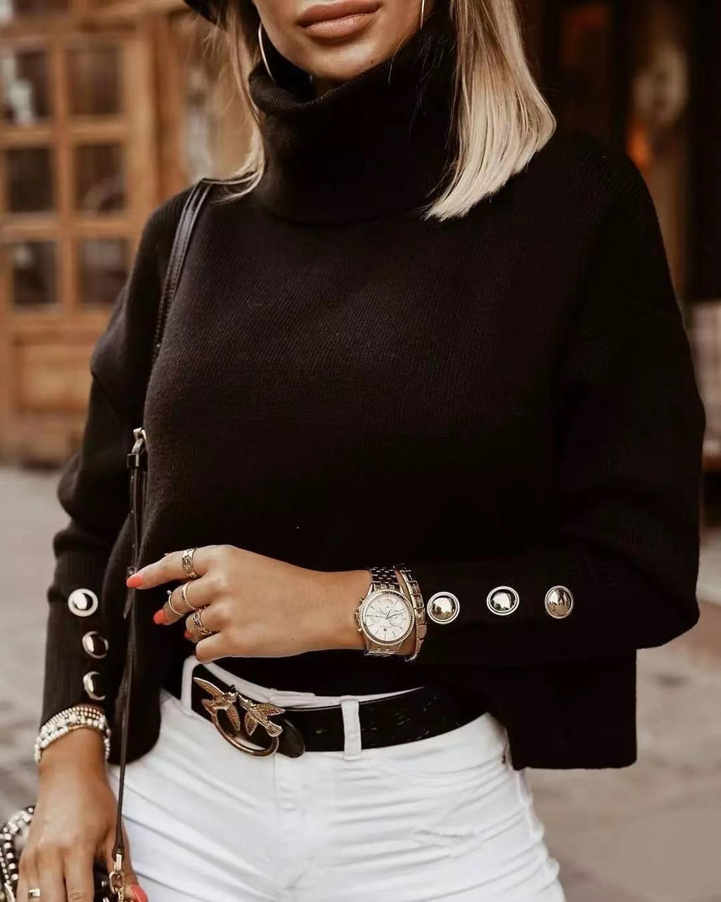 Women’s Turtleneck Sweater – Relaxed Fit – Fine Knit Wool – Button Sleeve Detail