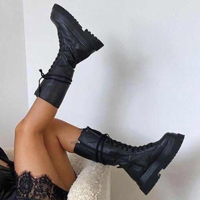 Elena® | Black high women's boots with a lace-up sole