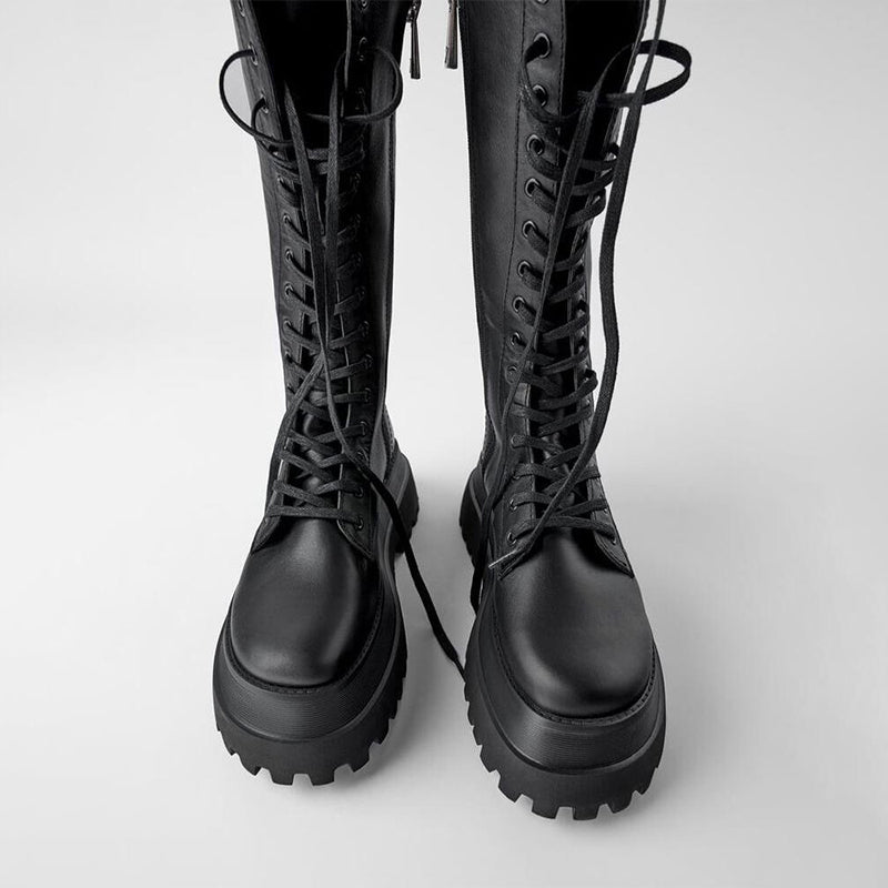 Elena® | Black high women's boots with a lace-up sole