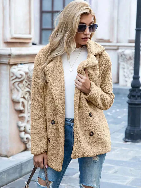 Women’s Double-Breasted Jacket – Relaxed Fit – Soft Textured – Notched Lapel – Hip Length