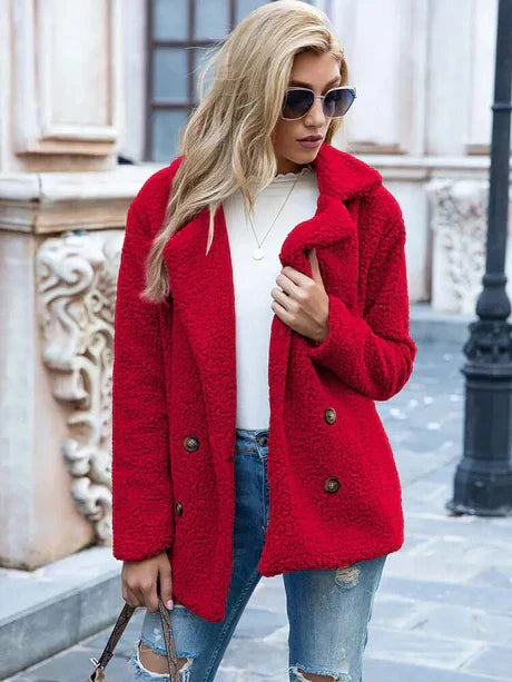 Women’s Double-Breasted Jacket – Relaxed Fit – Soft Textured – Notched Lapel – Hip Length