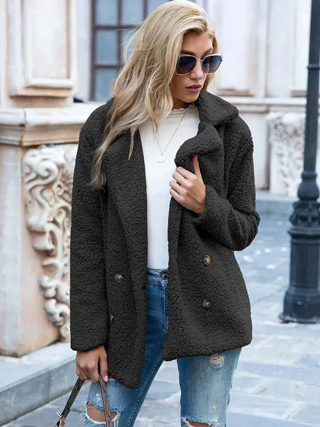 Women’s Double-Breasted Jacket – Relaxed Fit – Soft Textured – Notched Lapel – Hip Length