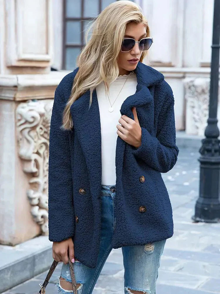 Women’s Double-Breasted Jacket – Relaxed Fit – Soft Textured – Notched Lapel – Hip Length