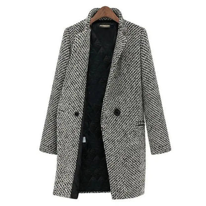 Women’s Tailored Coat – Wool Blend – Houndstooth Pattern – Midi Length – Button Closure