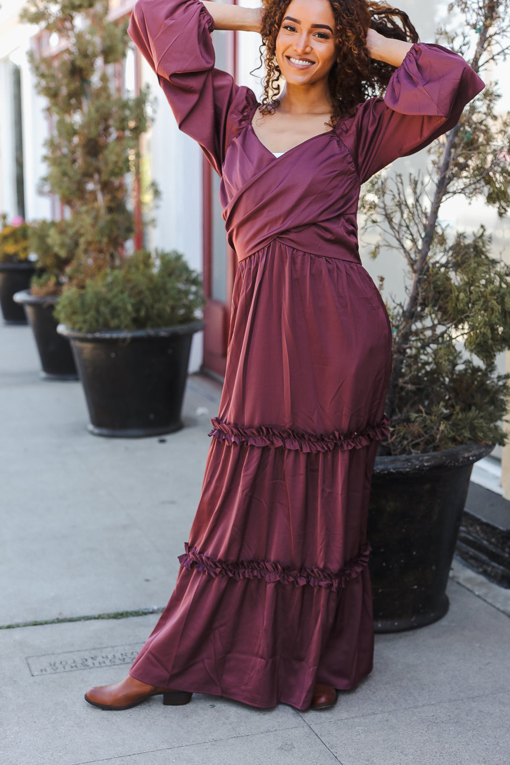 Blythe® | Holiday Vibes Burgundy satin overlap front maxi dress with smocked back