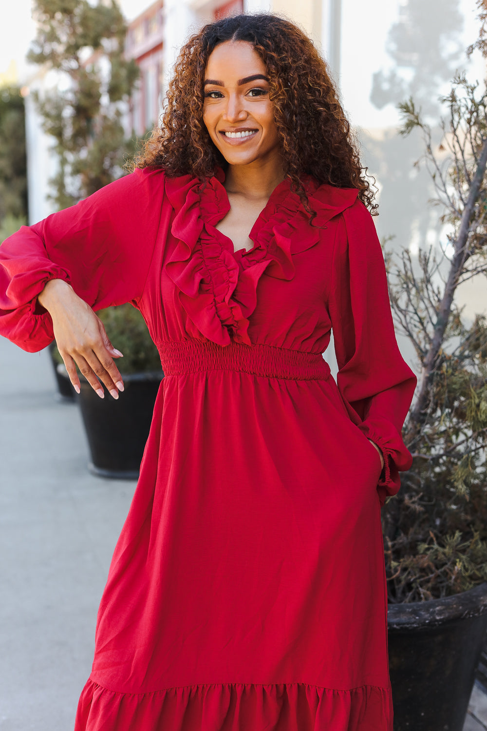 Aurelia® | Beautiful You Holiday Red midi dress with overlapping ruffles and V-neck