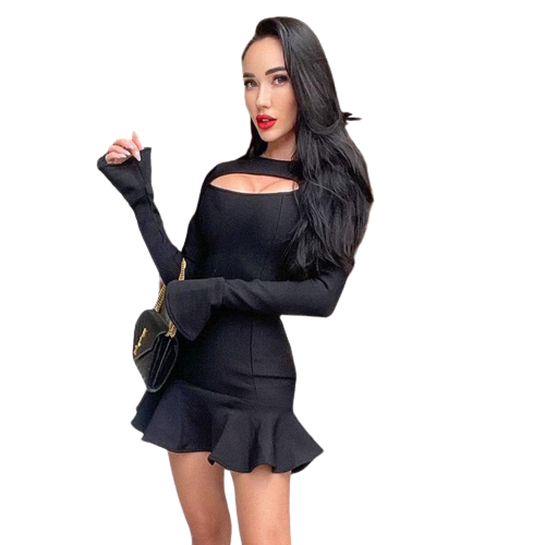 Elda® | Black trapeze dress with flounces and long sleeves