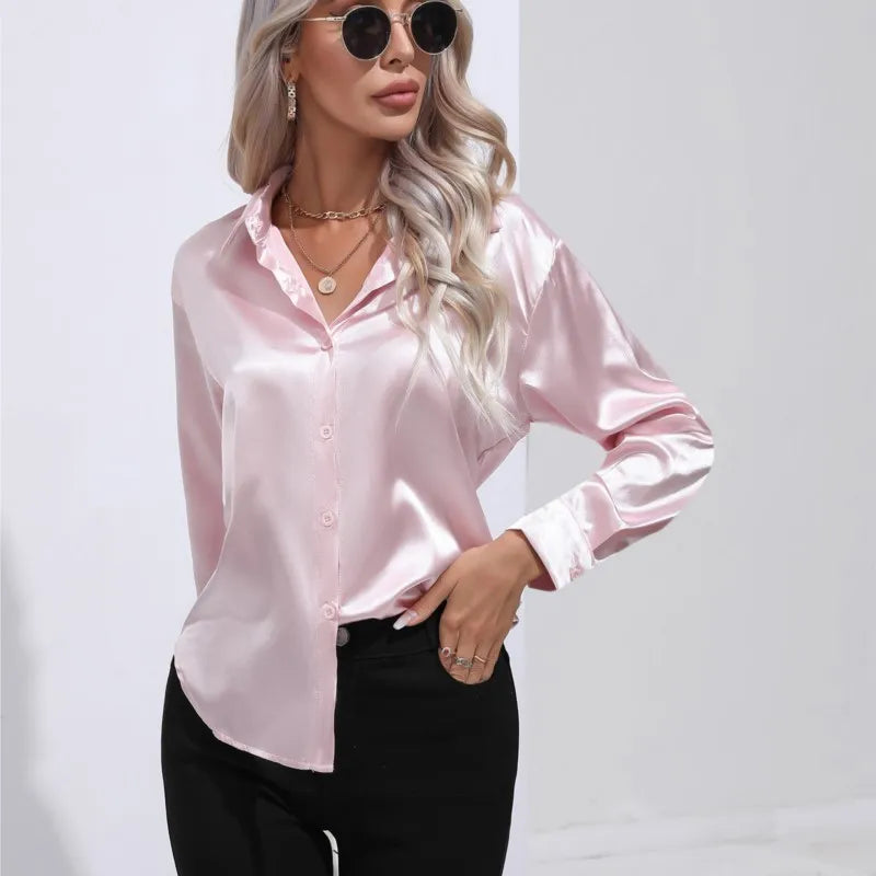 Broose® | Elegant Wide Satin Blouse With Long Sleeves