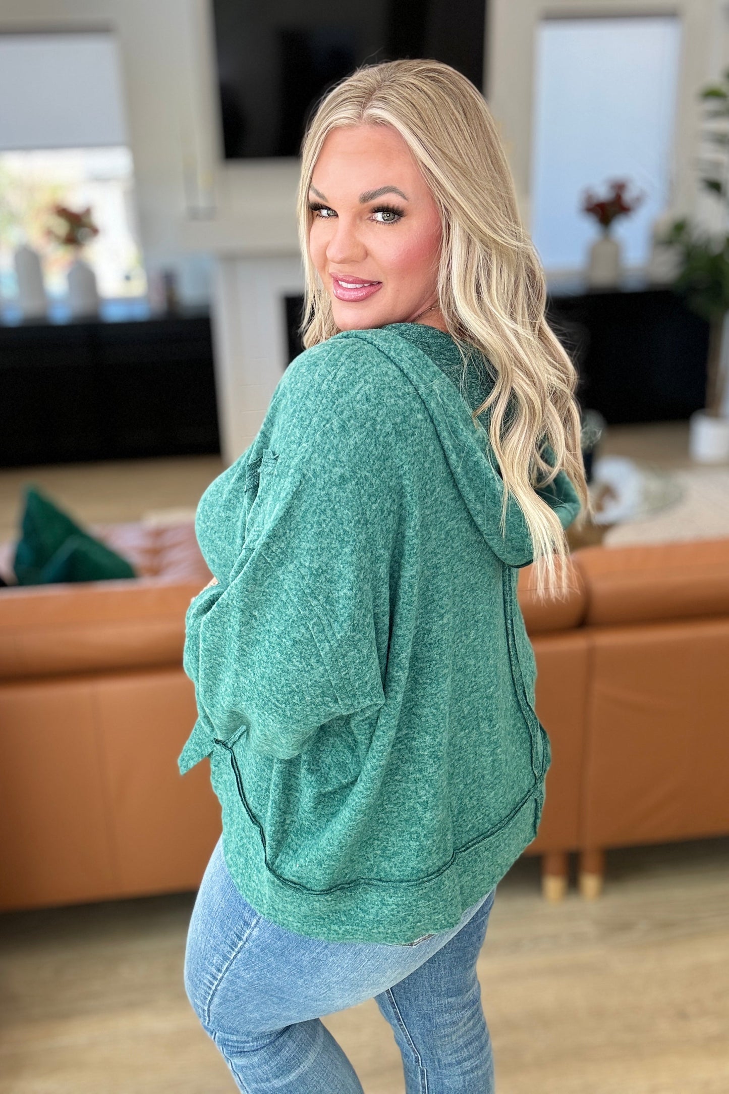 Anya® | Leave It To Chance hooded scoop neck sweater in dark green