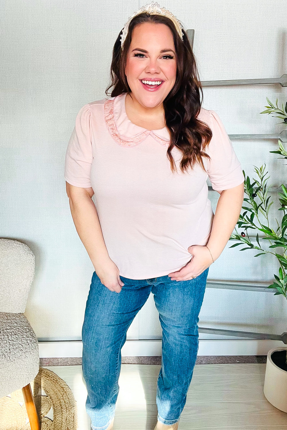 Eleanor® | New Day Blush French terry flat collar floral print blouse