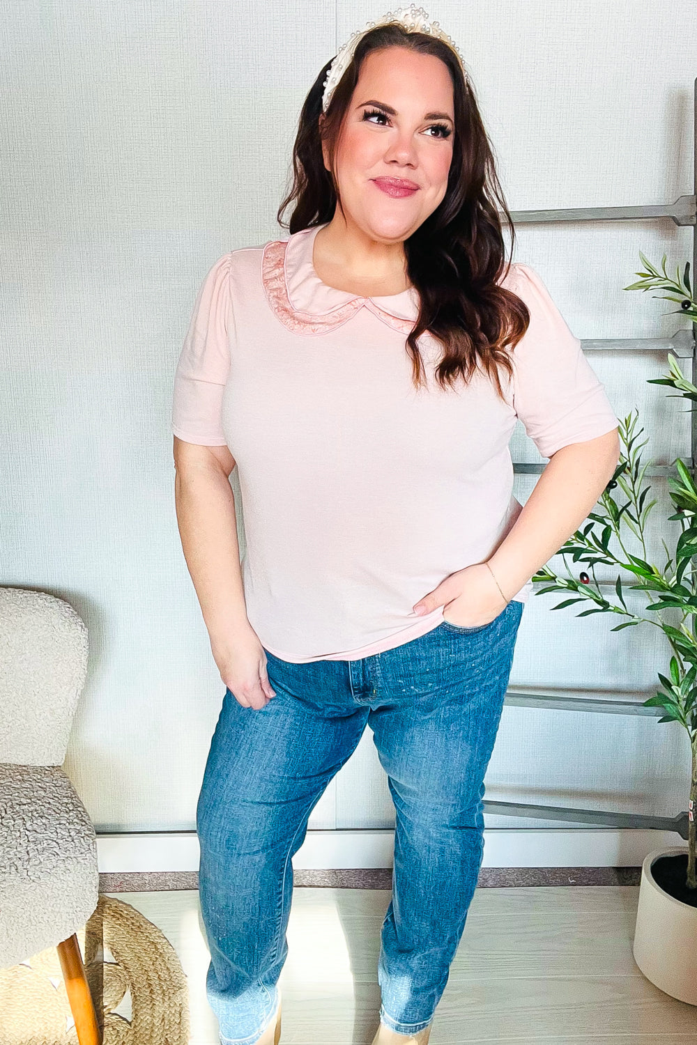 Eleanor® | New Day Blush French terry flat collar floral print blouse