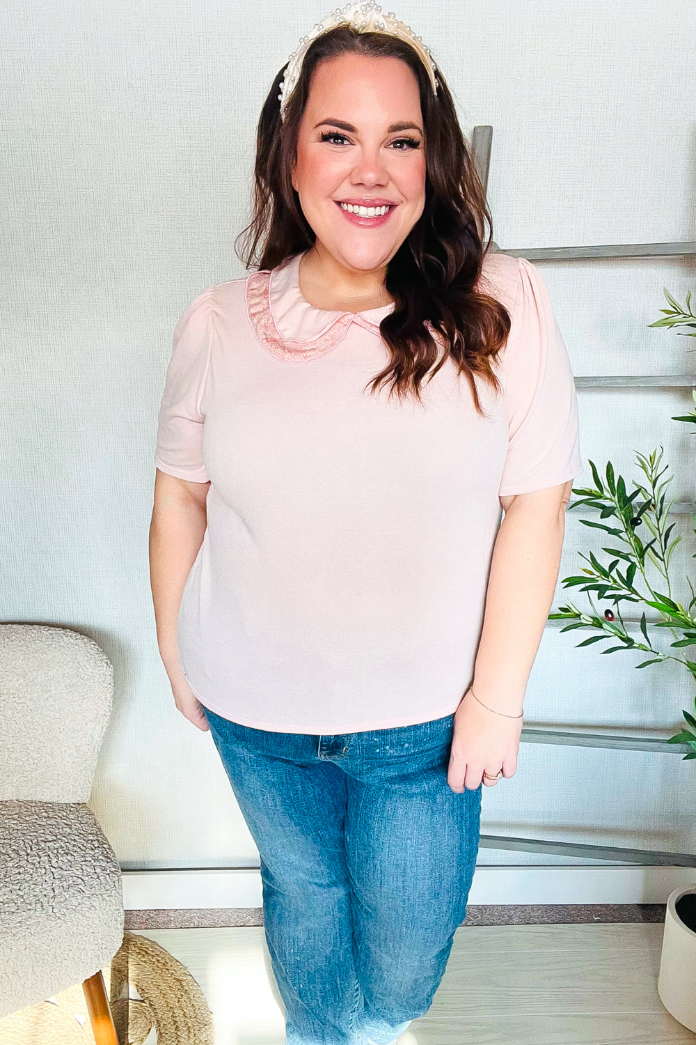Eleanor® | New Day Blush French terry flat collar floral print blouse