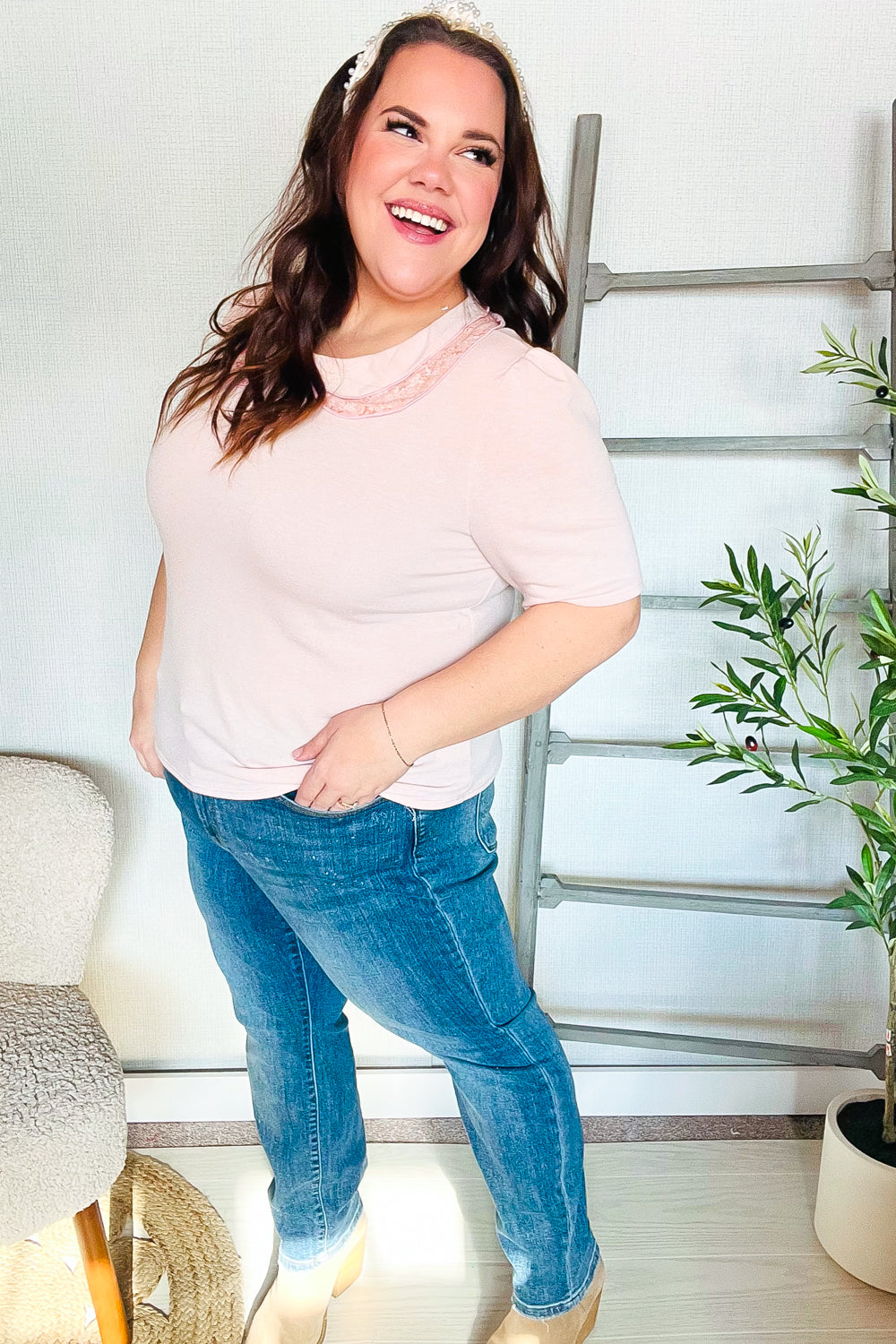 Eleanor® | New Day Blush French terry flat collar floral print blouse
