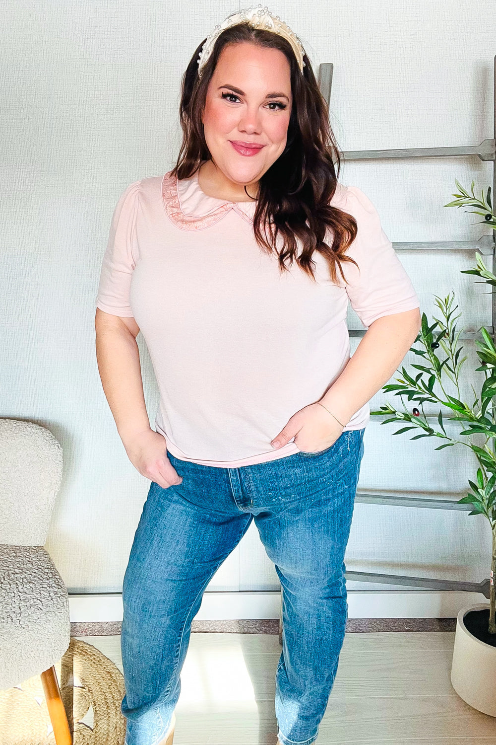 Eleanor® | New Day Blush French terry flat collar floral print blouse