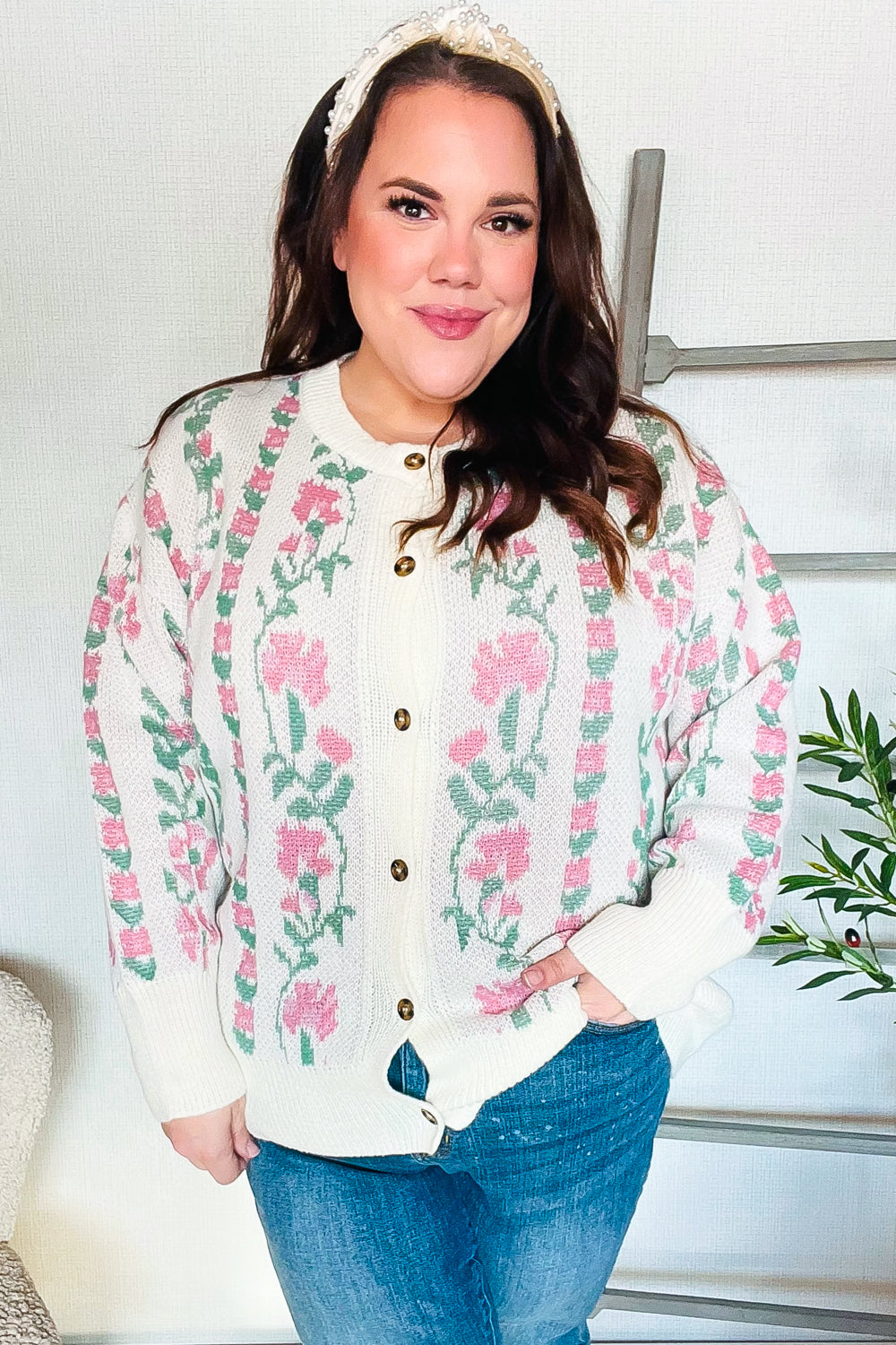 Ella® | All For Love Ivory vertical button floral jacquard cardigan