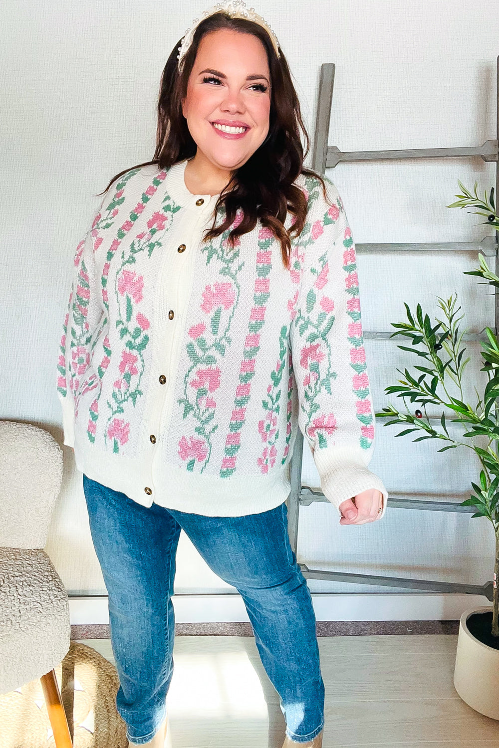 Ella® | All For Love Ivory vertical button floral jacquard cardigan