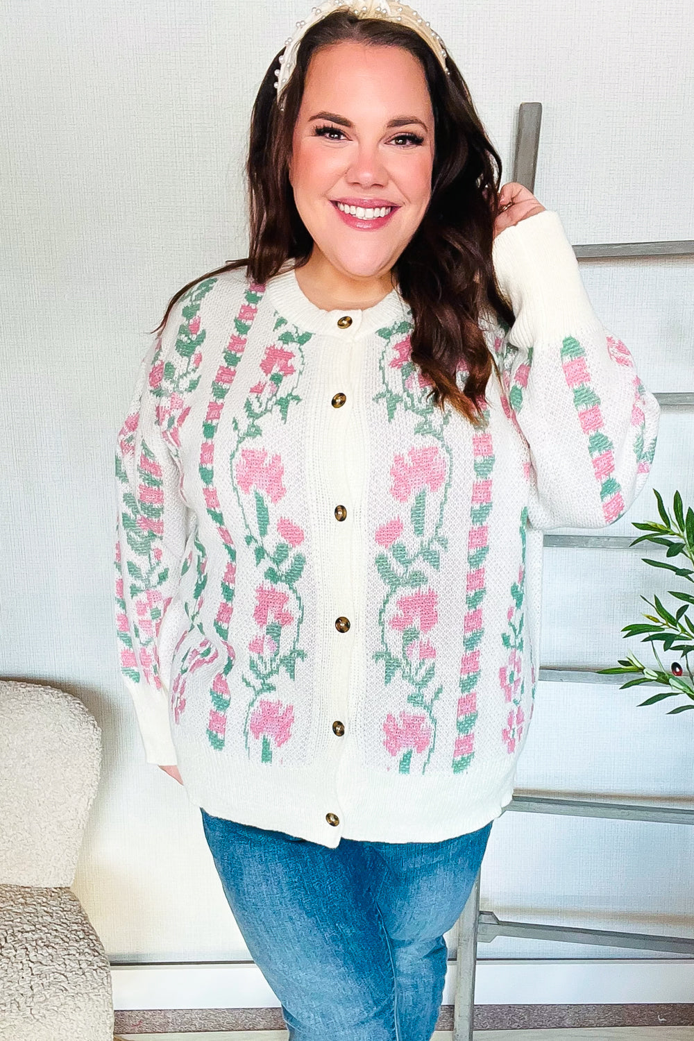 Ella® | All For Love Ivory vertical button floral jacquard cardigan