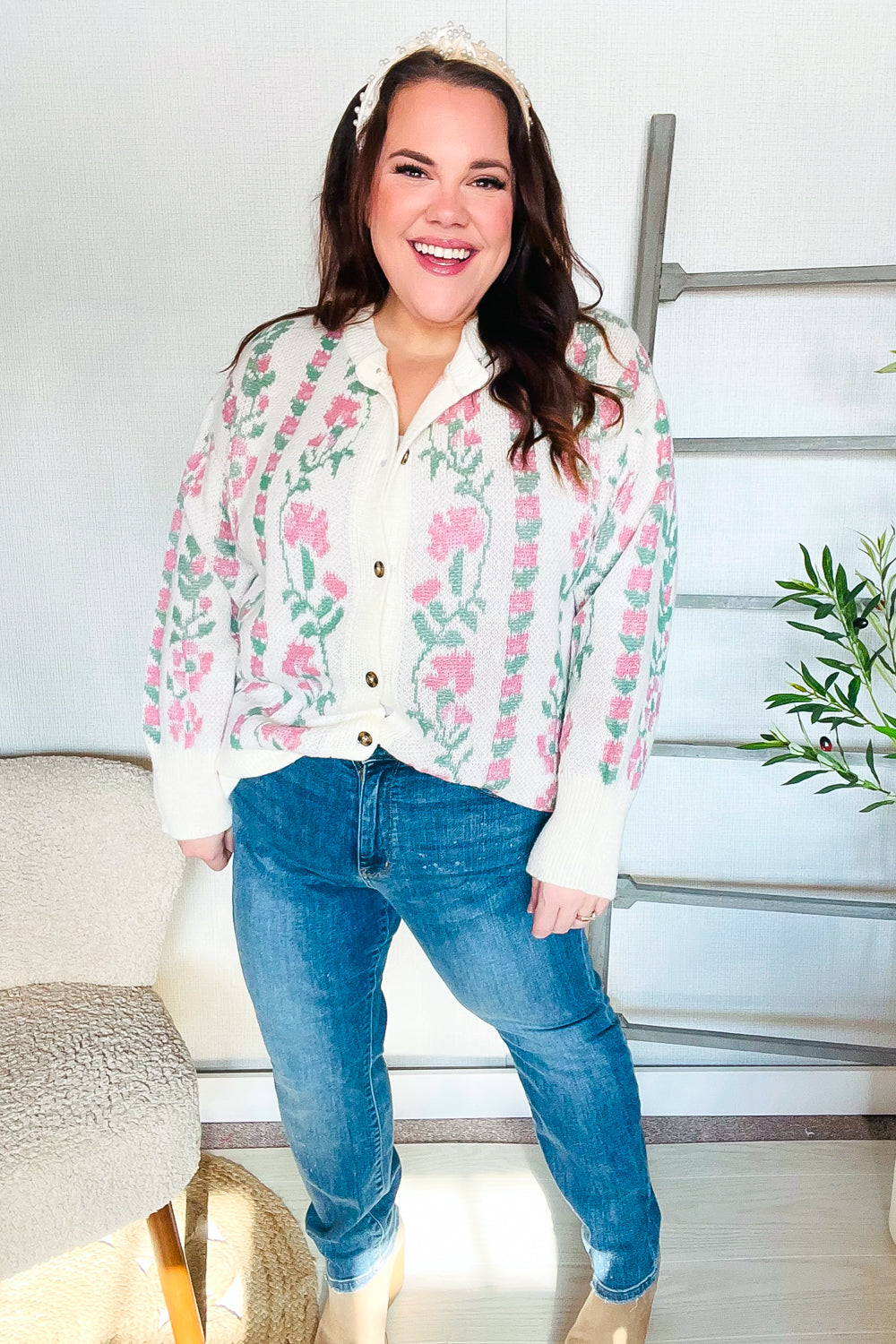Ella® | All For Love Ivory vertical button floral jacquard cardigan