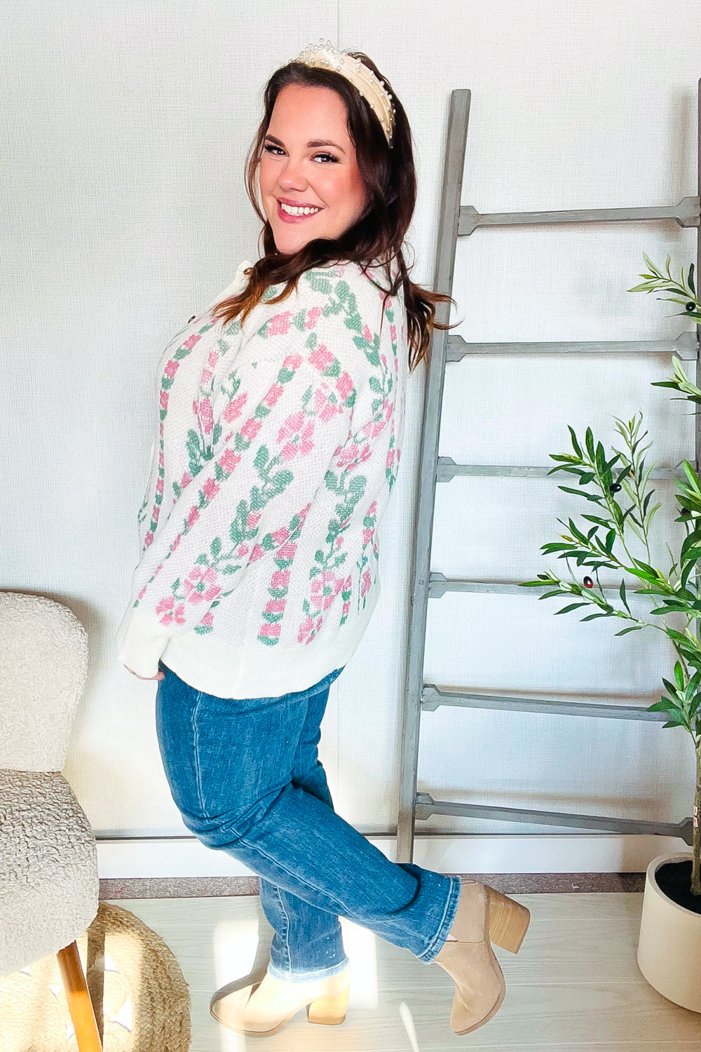 Ella® | All For Love Ivory vertical button floral jacquard cardigan