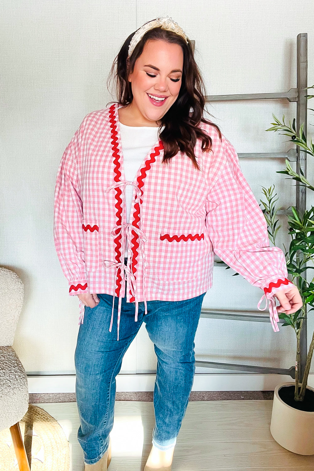 Eliza® | Spellbound red and pink cotton ribbon tie jacket with gingham pockets