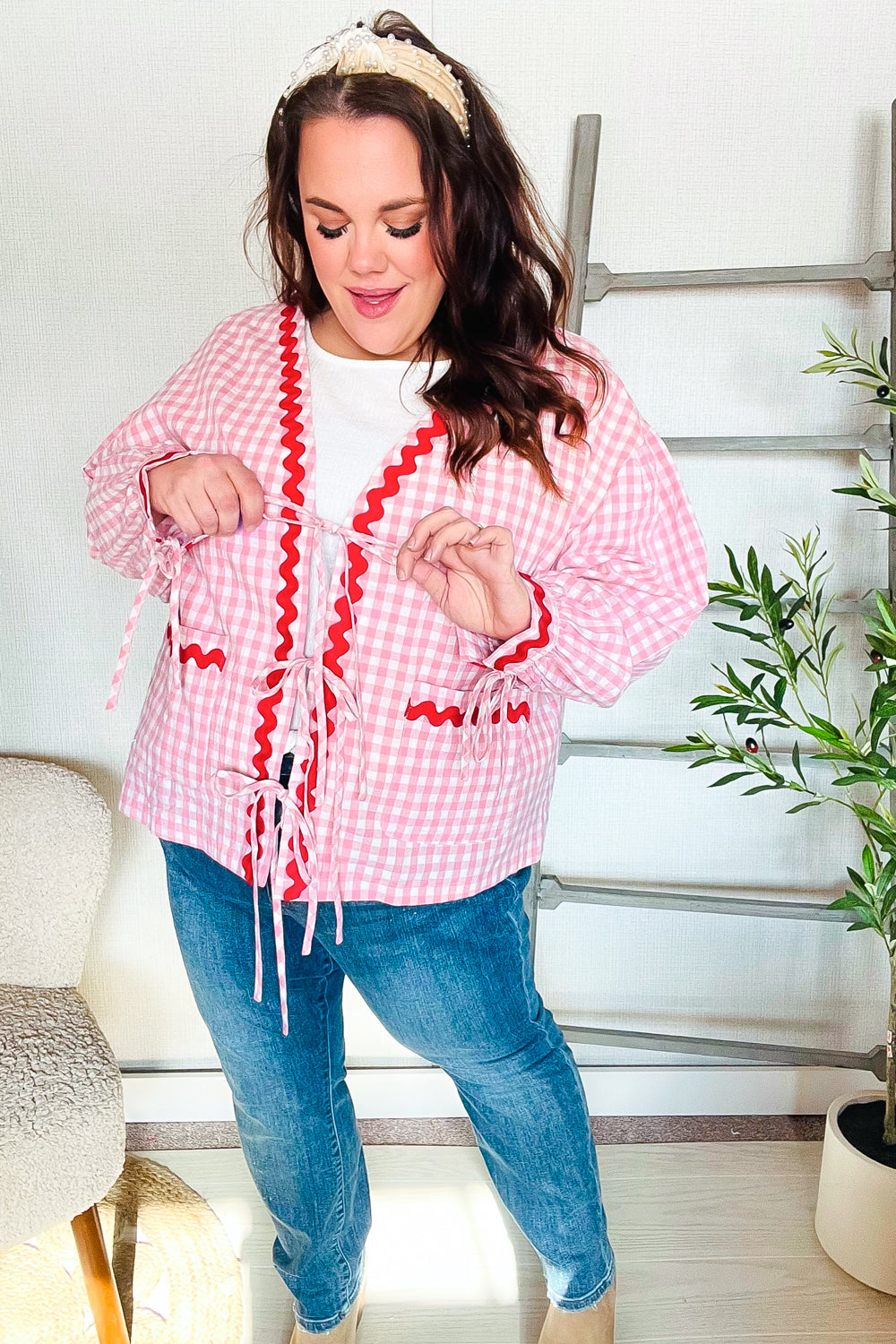 Eliza® | Spellbound red and pink cotton ribbon tie jacket with gingham pockets