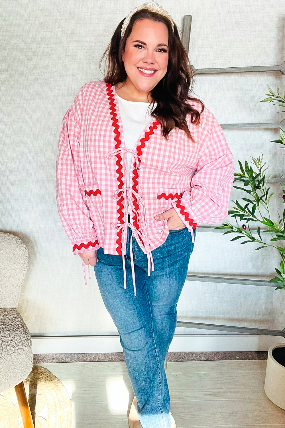 Eliza® | Spellbound red and pink cotton ribbon tie jacket with gingham pockets