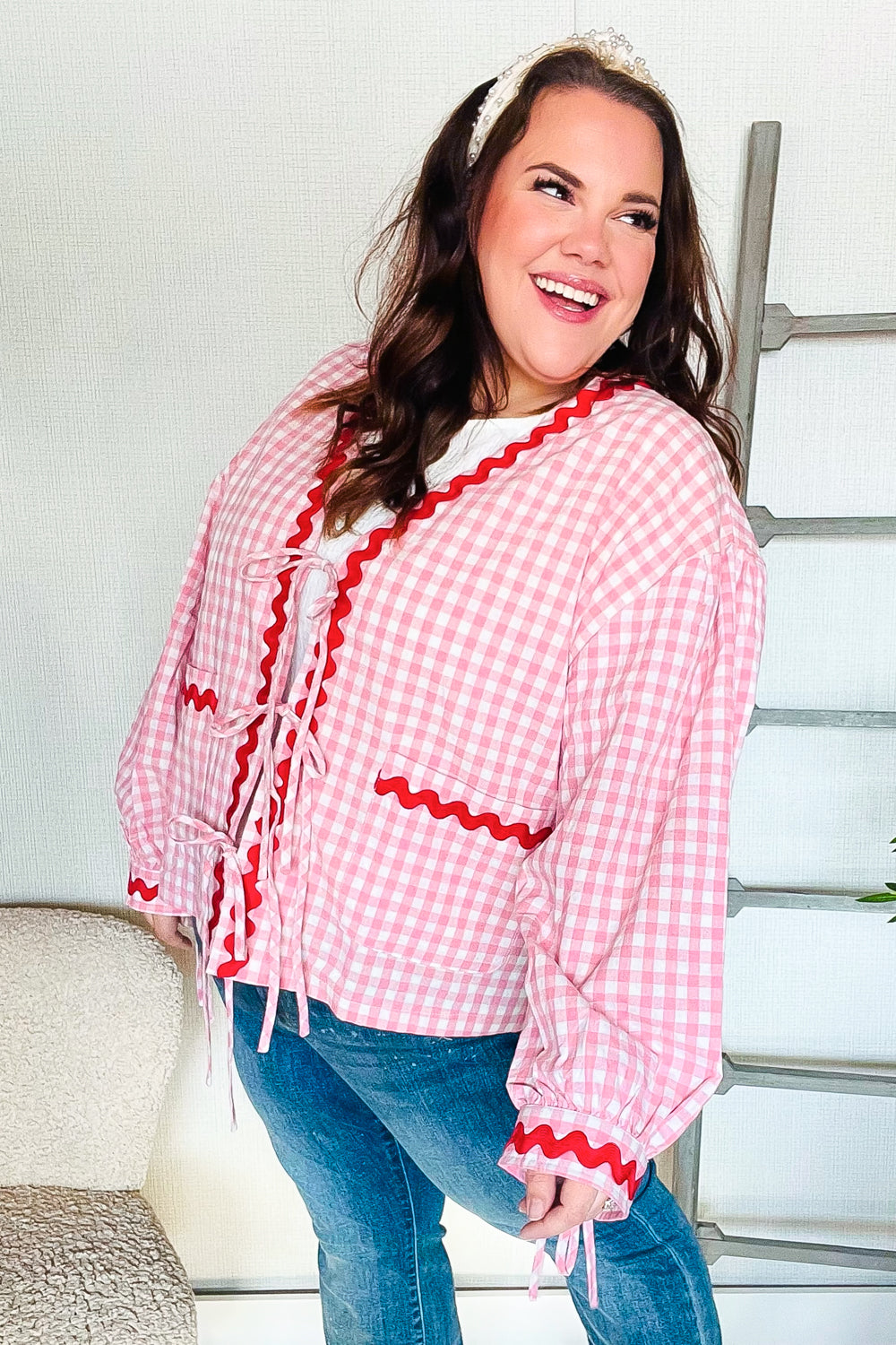 Eliza® | Spellbound red and pink cotton ribbon tie jacket with gingham pockets