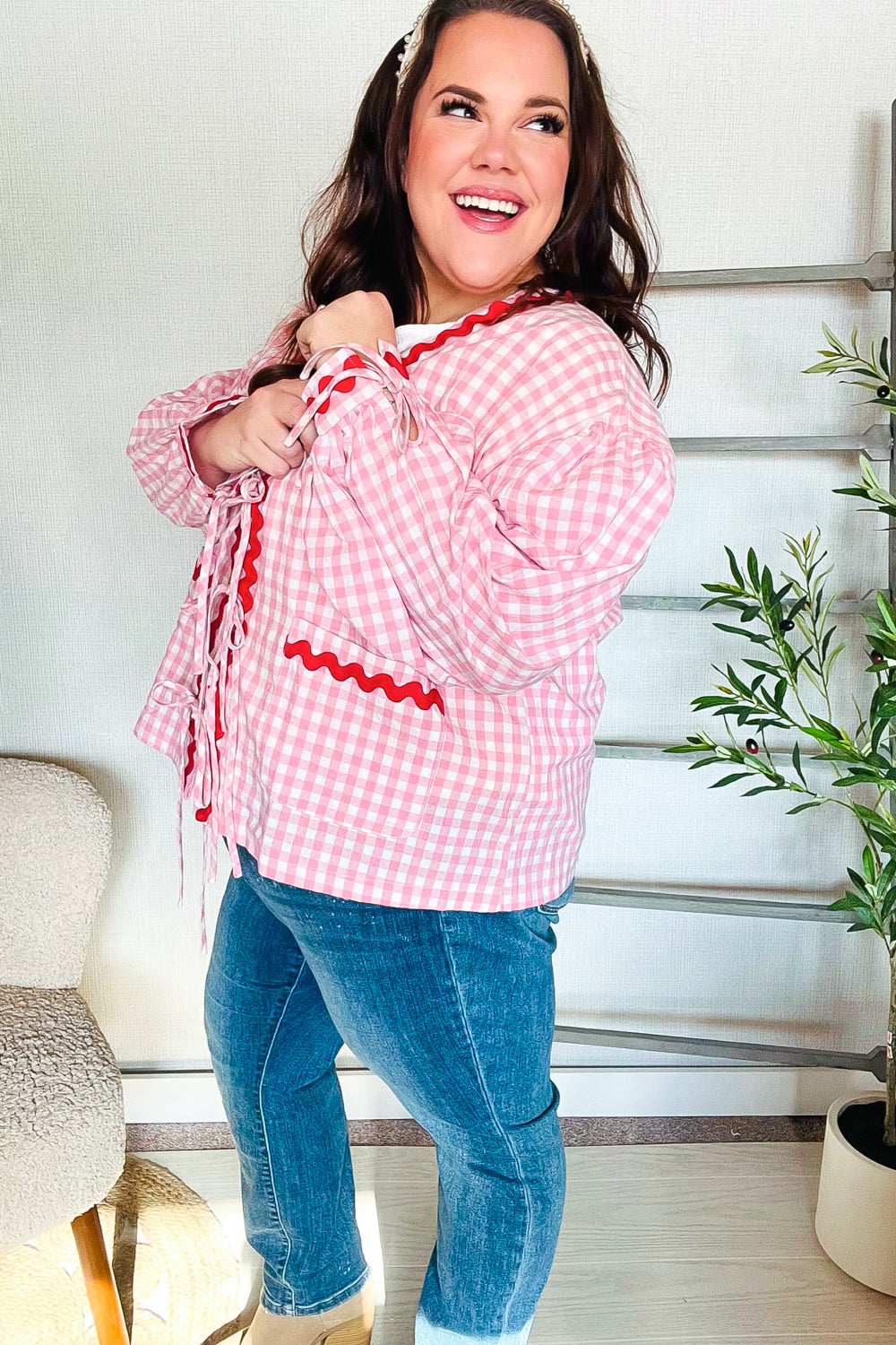 Eliza® | Spellbound red and pink cotton ribbon tie jacket with gingham pockets