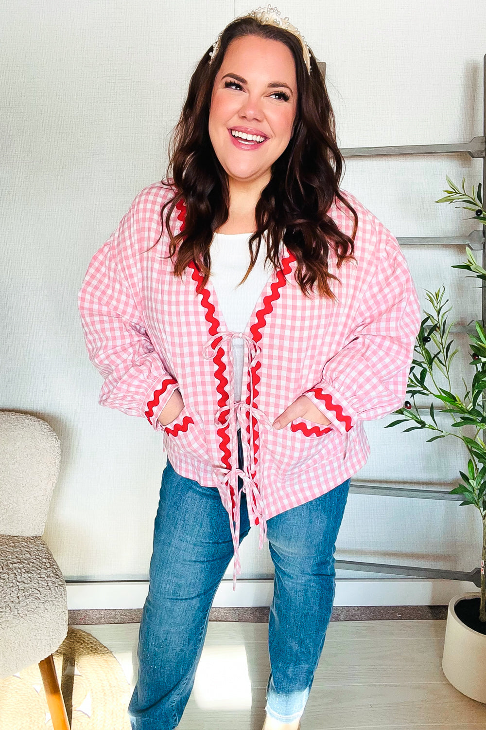 Eliza® | Spellbound red and pink cotton ribbon tie jacket with gingham pockets
