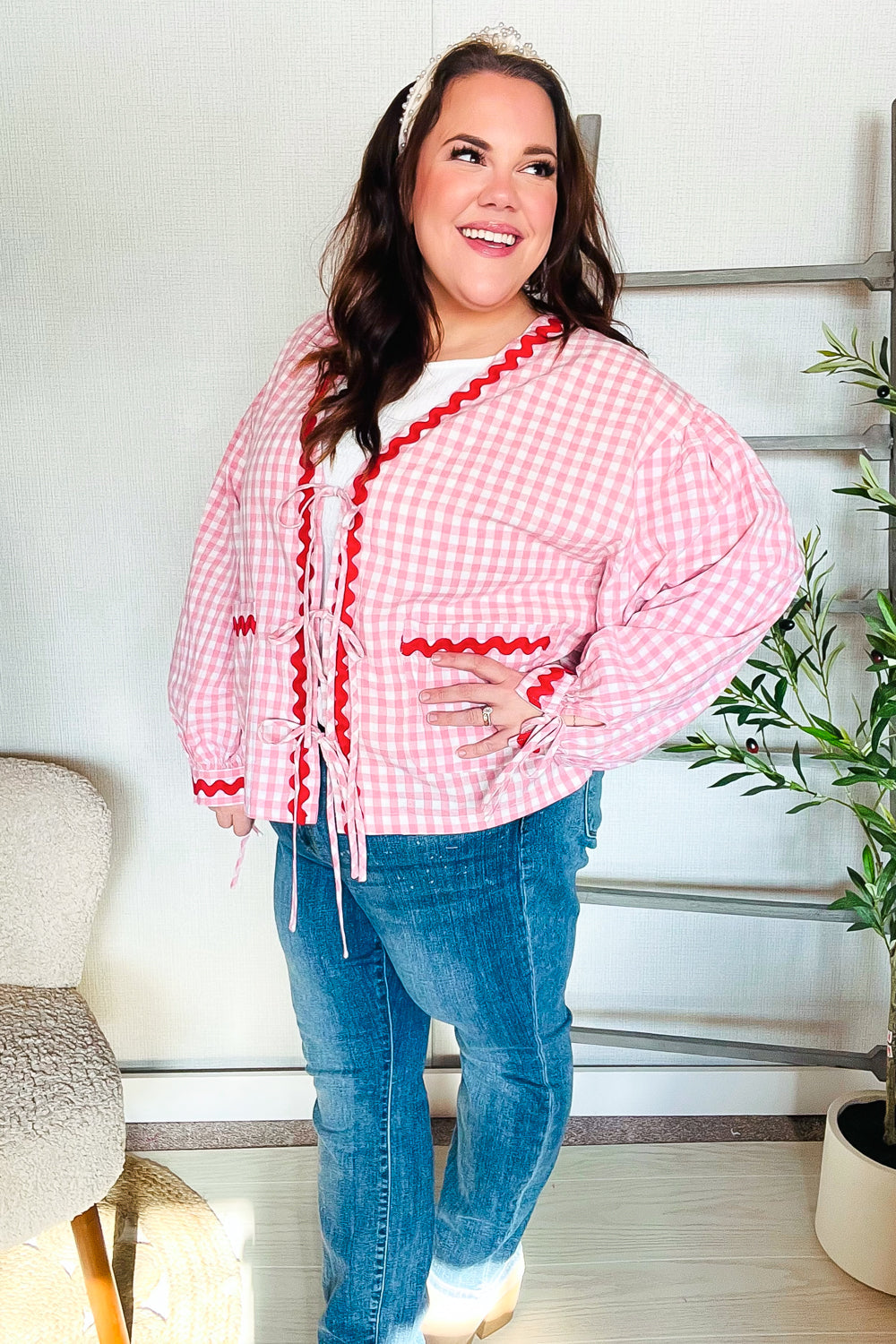 Eliza® | Spellbound red and pink cotton ribbon tie jacket with gingham pockets
