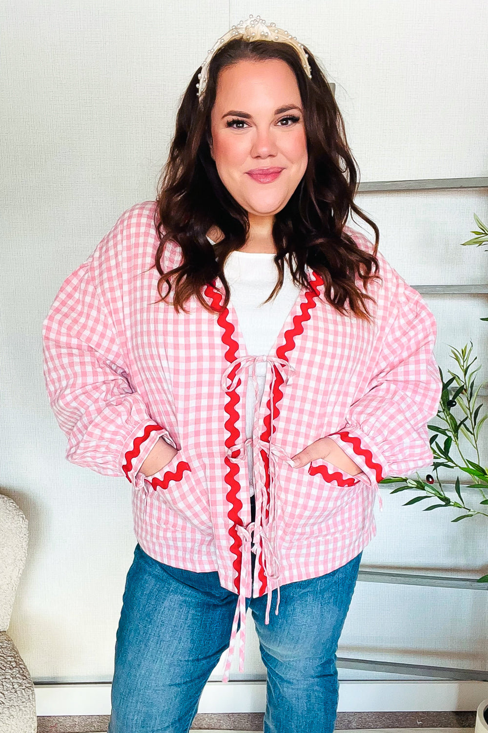 Eliza® | Spellbound red and pink cotton ribbon tie jacket with gingham pockets