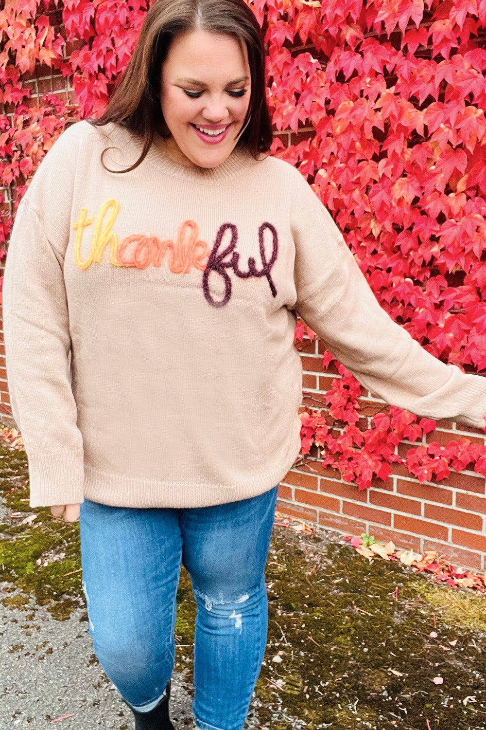 Aida® | Feeling Thankful pop-up sweater with sparkly embroidery in taupe
