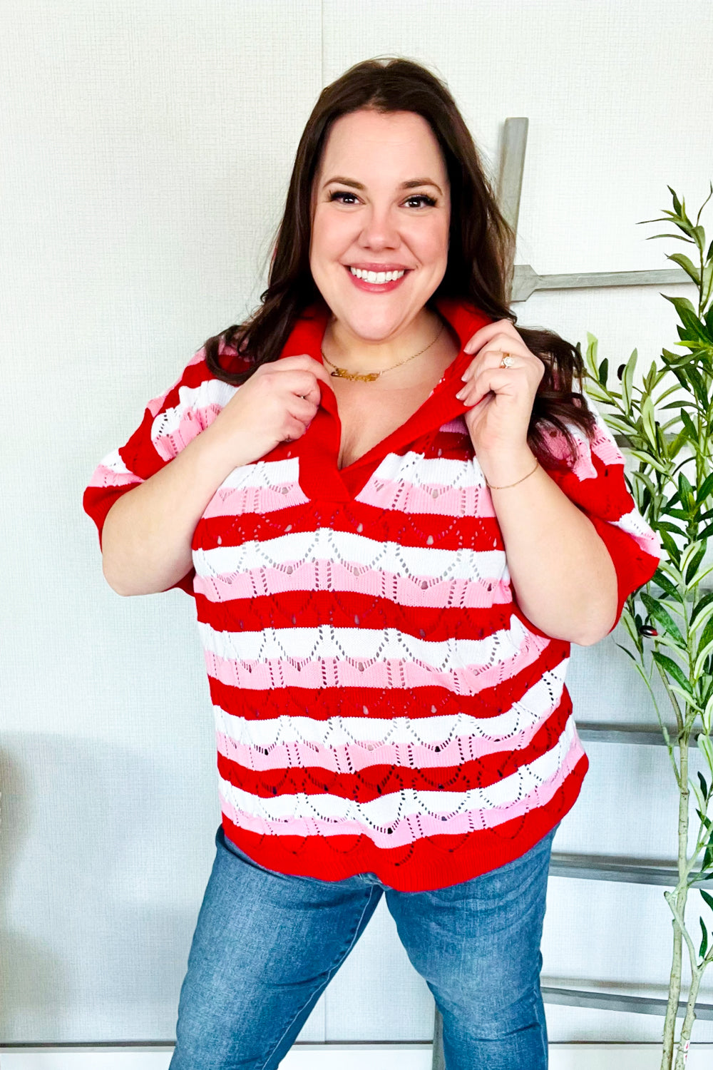 Anya® | Sweetheart Ready sweater with a pointelle collar and notched neckline