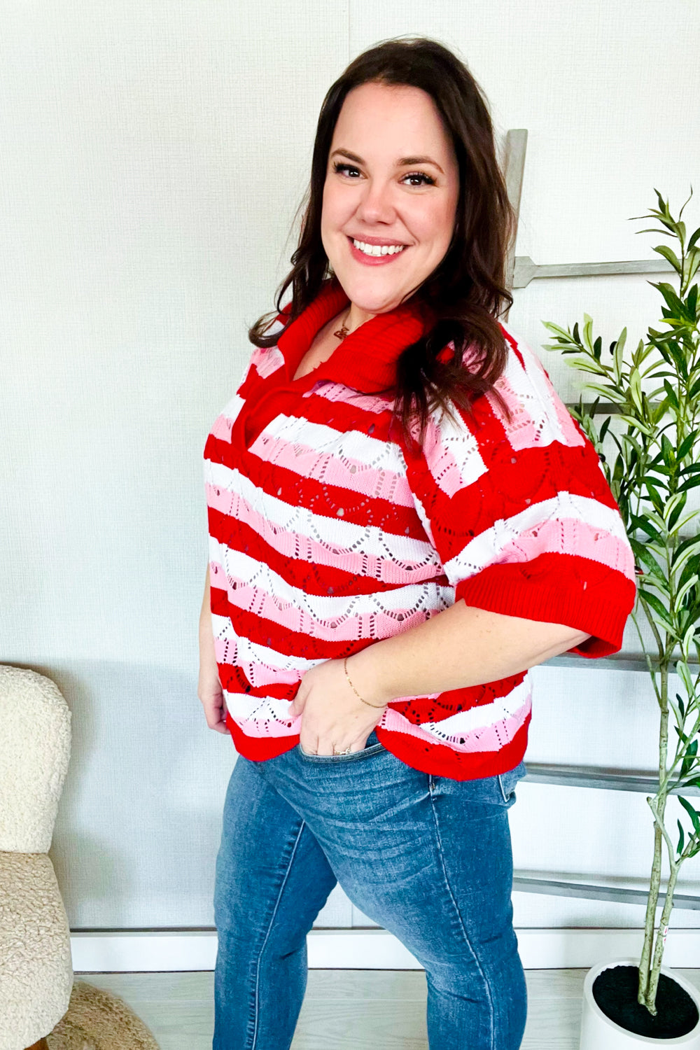 Anya® | Sweetheart Ready sweater with a pointelle collar and notched neckline