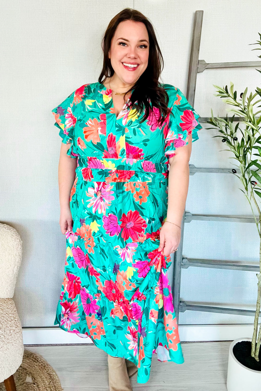 Bella® | Beautiful multicolor maxi dress with tropical floral print and smocked waist