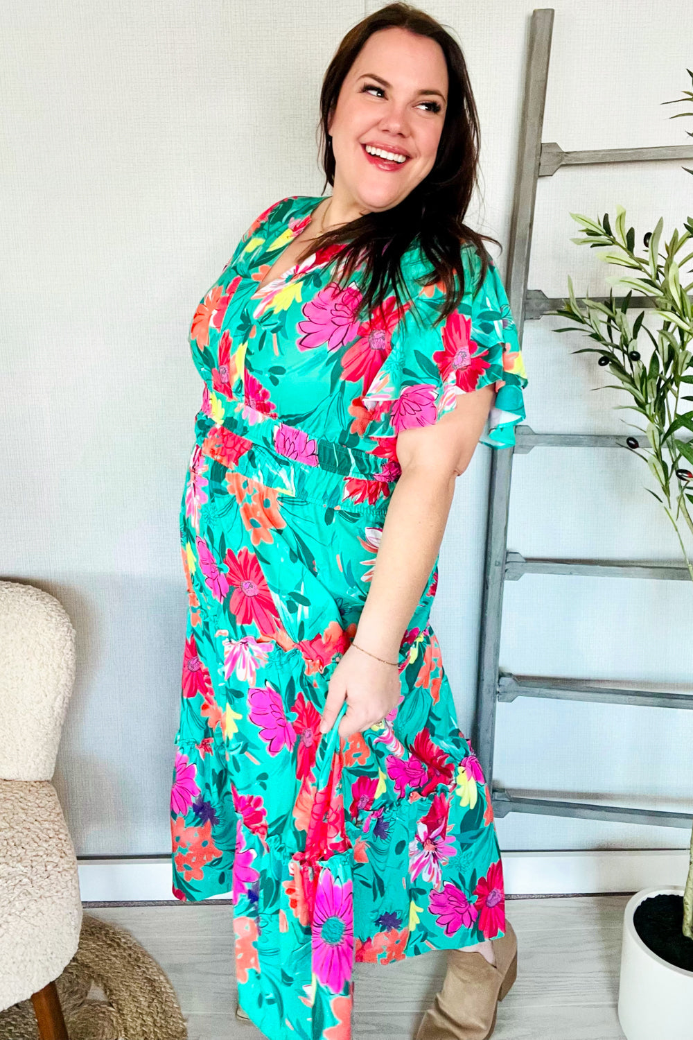 Bella® | Beautiful multicolor maxi dress with tropical floral print and smocked waist