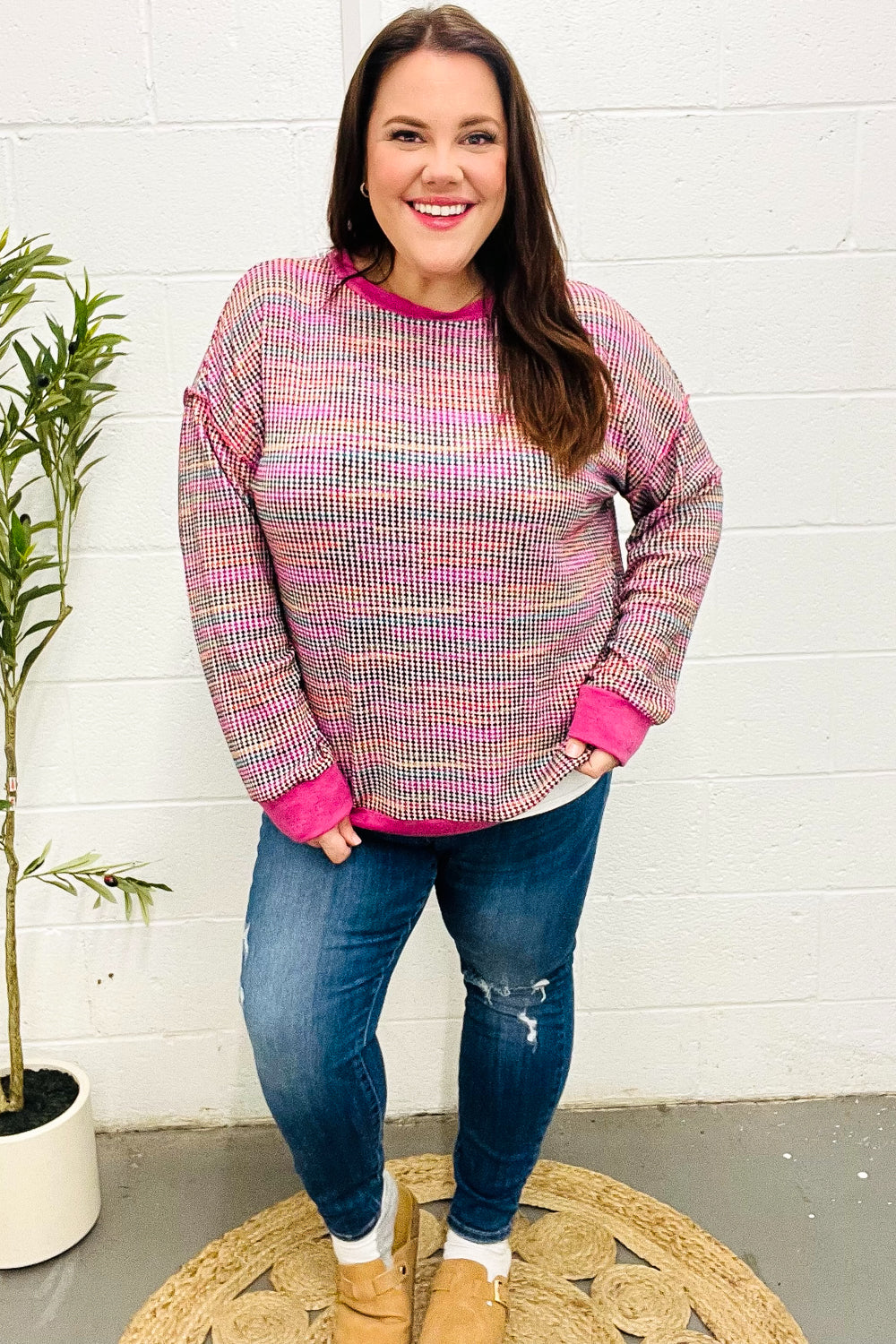 Elisa | Bring Joy Magenta Multicolor Textured Waffle Knit Sweater