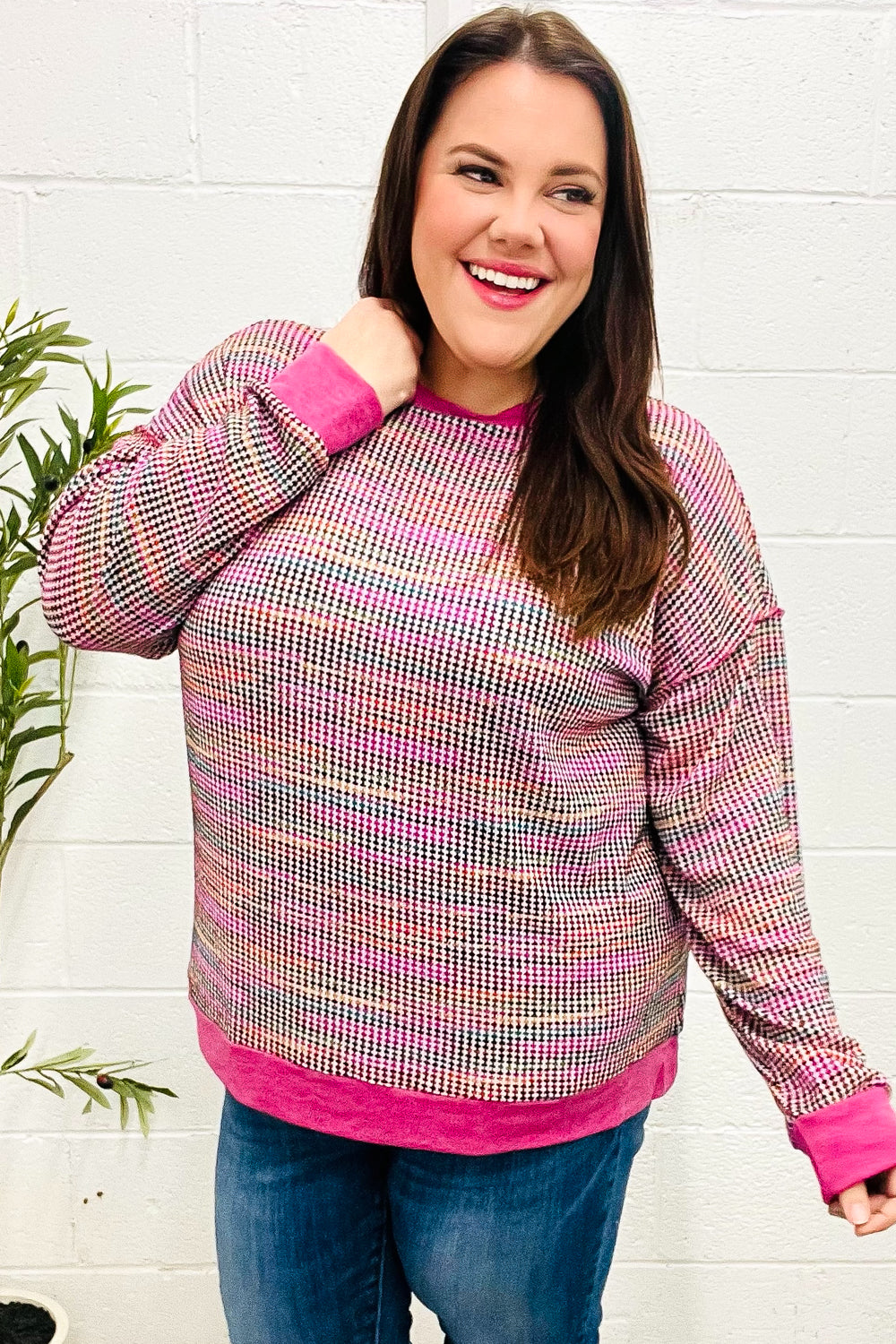 Elisa | Bring Joy Magenta Multicolor Textured Waffle Knit Sweater