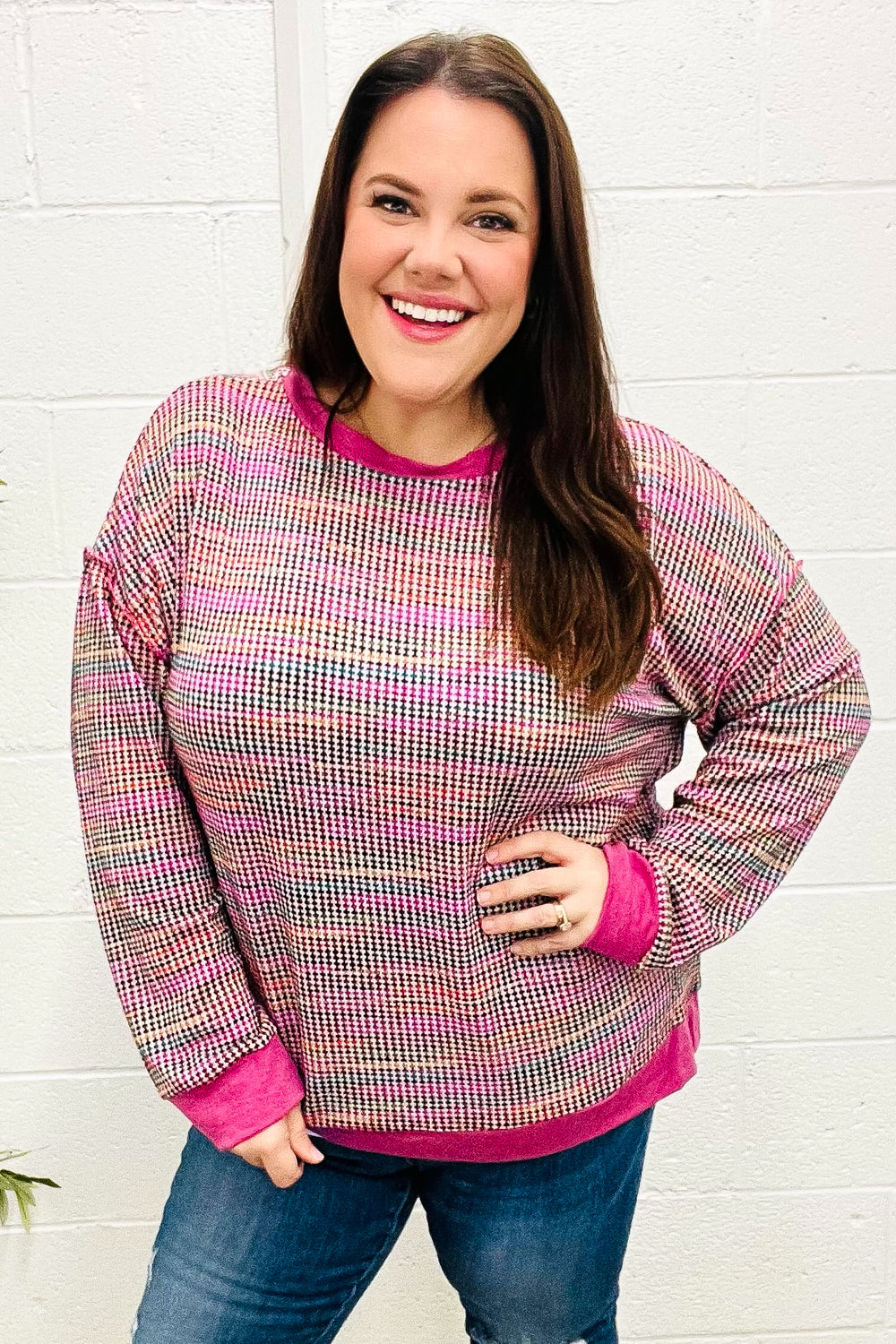 Elisa | Bring Joy Magenta Multicolor Textured Waffle Knit Sweater