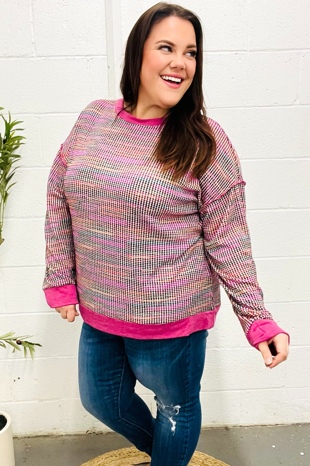 Elisa | Bring Joy Magenta Multicolor Textured Waffle Knit Sweater