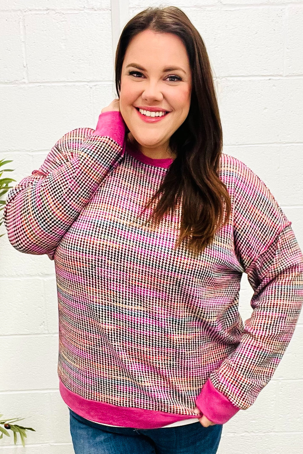 Elisa | Bring Joy Magenta Multicolor Textured Waffle Knit Sweater