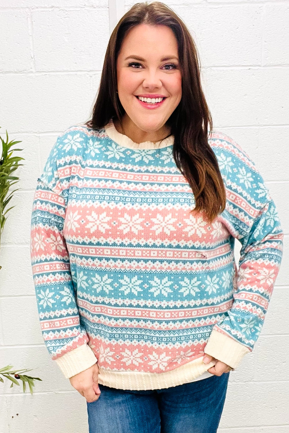 Clementina | Snow white Hacci cable knit sweater with Nordic Fair Isle print