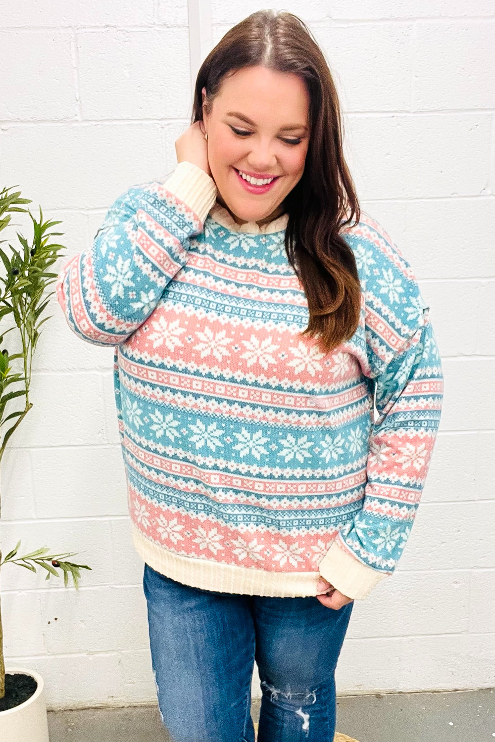 Clementina | Snow white Hacci cable knit sweater with Nordic Fair Isle print