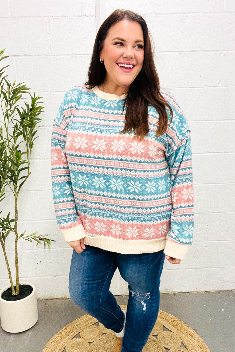 Clementina | Snow white Hacci cable knit sweater with Nordic Fair Isle print