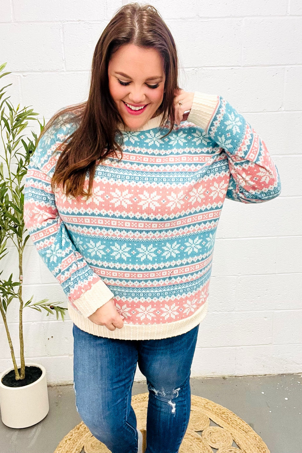 Clementina | Snow white Hacci cable knit sweater with Nordic Fair Isle print