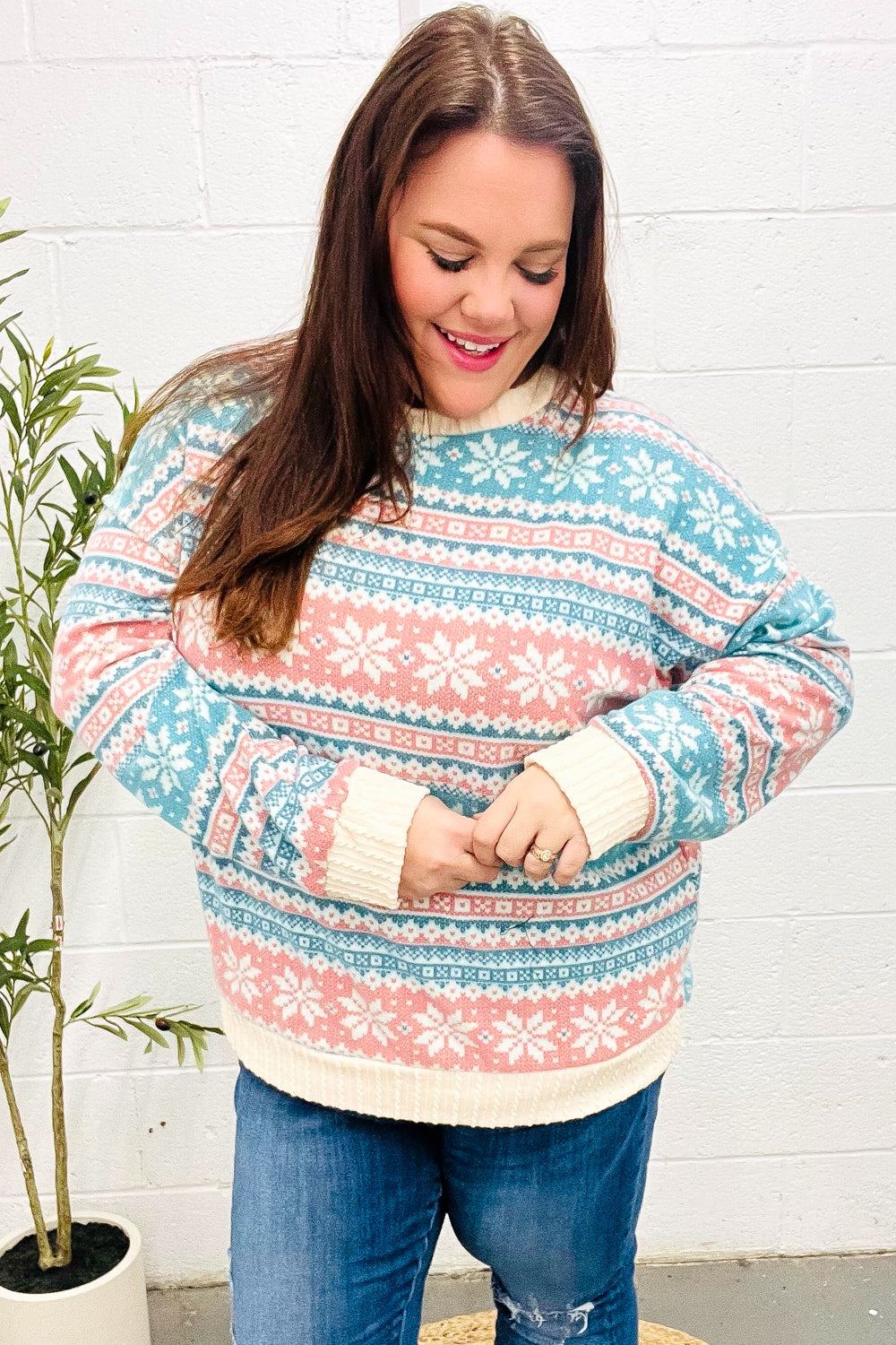 Clementina | Snow white Hacci cable knit sweater with Nordic Fair Isle print