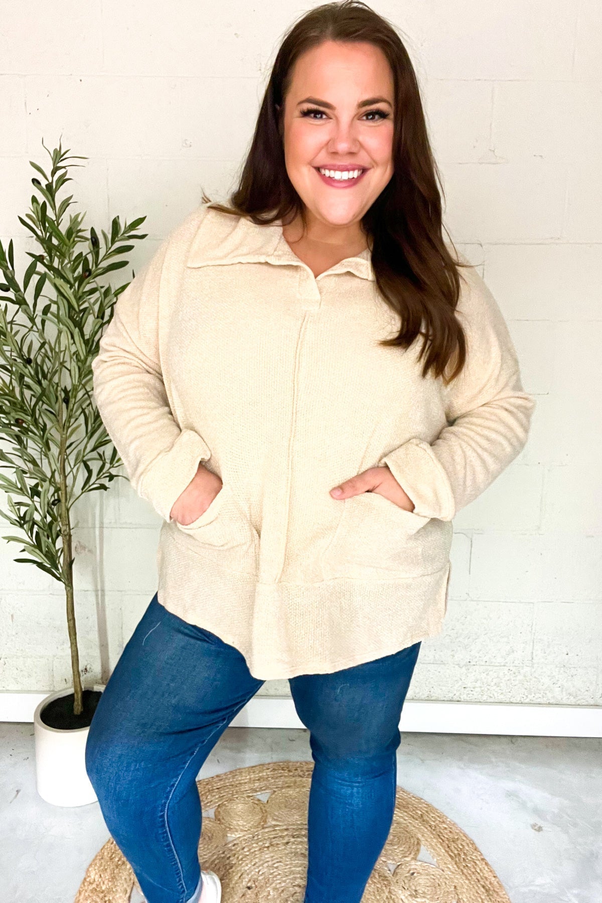 Anke® | Easy Living oatmeal knit sweater with a notched neckline and oversized collar