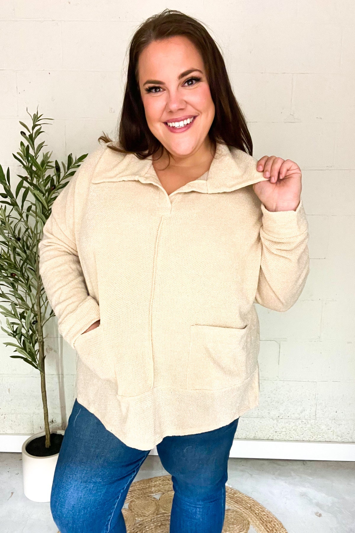 Anke® | Easy Living oatmeal knit sweater with a notched neckline and oversized collar