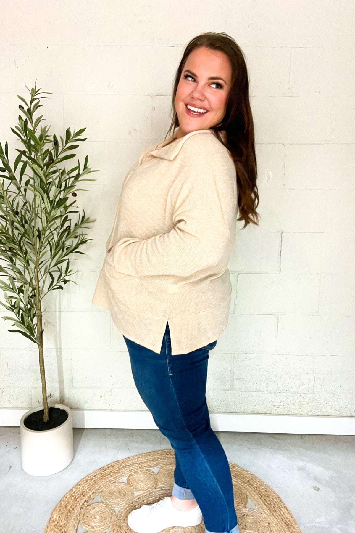 Anke® | Easy Living oatmeal knit sweater with a notched neckline and oversized collar